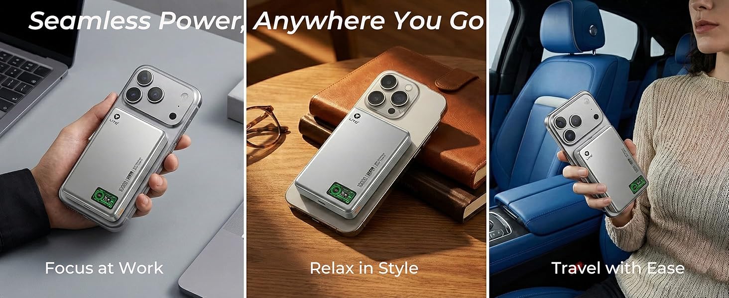 Magnetic battery pack for iPhone lifestyle scenes office car driving wireless charging