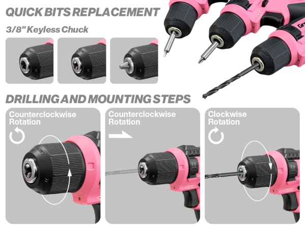3/8&amp;#34; keyless chuck enables quick bit changes, with guidance for clockwise and counterclockwise