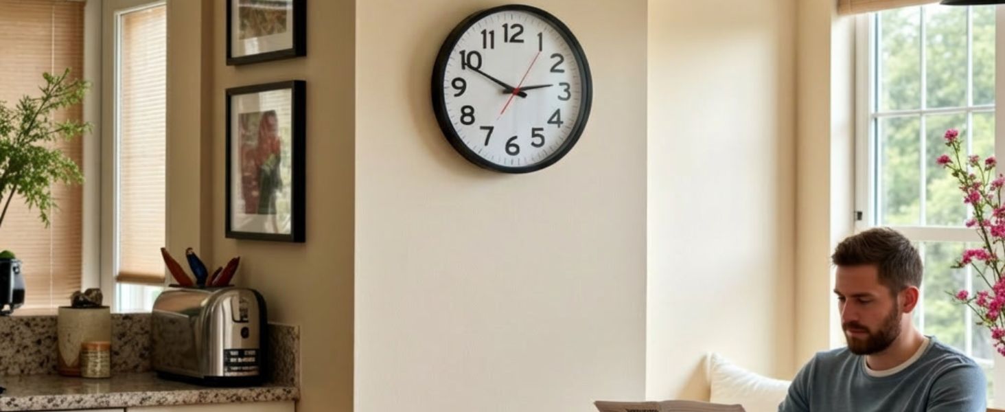 man in kitchen with clock