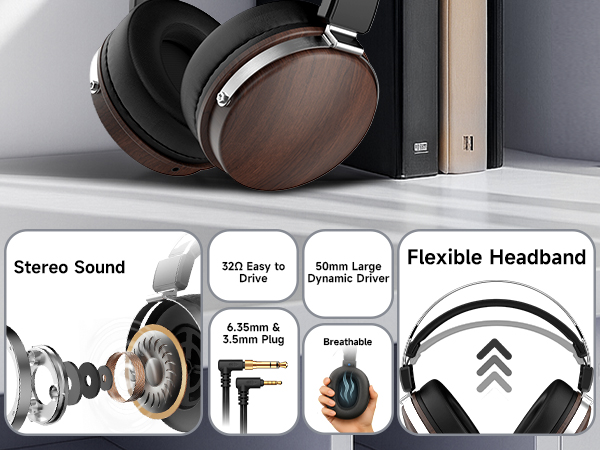 wired over ear headphones with 50mm dynamic drivers, 32 ohm impedance for easy drive