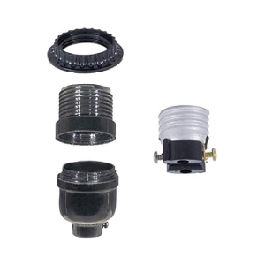 Long Keyless Black Plastic Phenolic Socket with Medium Base, Threaded Shell with Ring