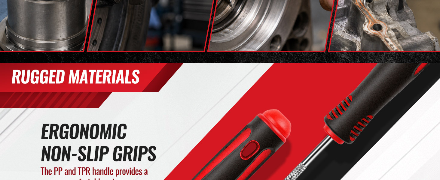 Pick and hook set with red-and-black non-slip grips beneath automotive repair scenes.