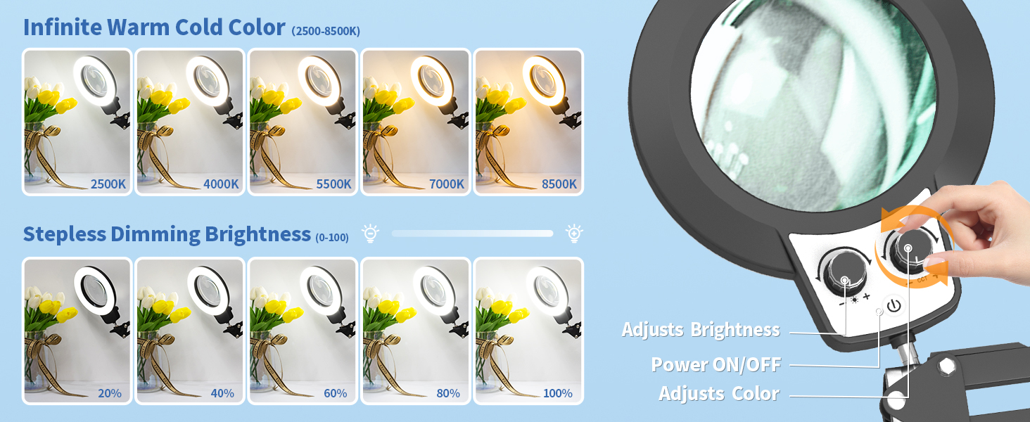 Infinite color and infinite dimming magnifier with light hands free stand lighted