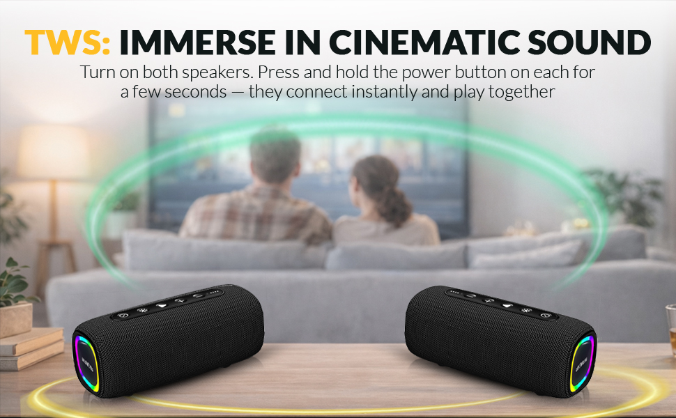 TWS pairing portable speakers for cinematic stereo sound at home wireless duo set for movies