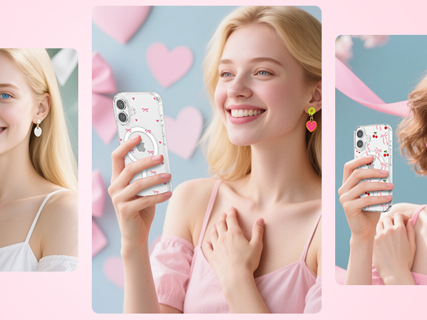 Collage of cropped lifestyle product shots on pastel pink and blue background showing person holding and interacting with smartphone and accessories.