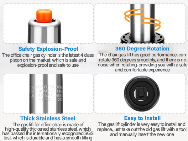 Text reads 'Safety Explosion-Proof', 'Tech Stainless Steel', 'Easy to Install', 'Not Reverse Rotation'. Technical diagram showing safety features of a device.