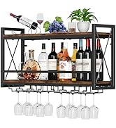 Homeiju Wall Mounted Wine Rack, Bottle &amp; Glass Holder Wood-Metal Retro Wine Rack, Wine Bottles Di...