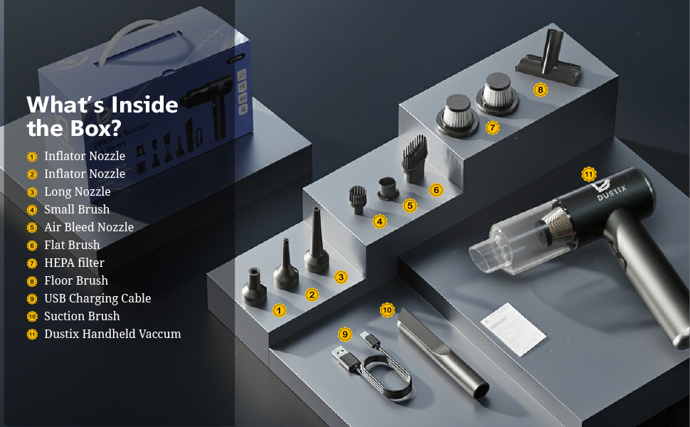 Text reads 'What's inside the Box?' followed by bullet-pointed list. Shows technical diagram or schematic of components laid out in linear arrangement.