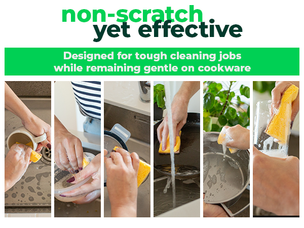 Text reads 'non-scratch yet effective'. Split image showing cleaning demonstrations of various surfaces including kitchen and bathroom areas.