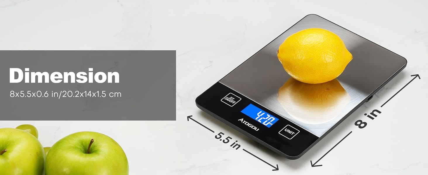 Atogou Food Scale, 33lb/15kg Rechargeable Kitchen Scale with Full-View Backlit LCD Display