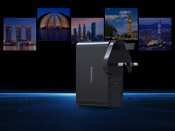 USB C Travel Charger 4-Ports Foldable Travel Adapter Plug Converter with UK/EU/AU Plugs