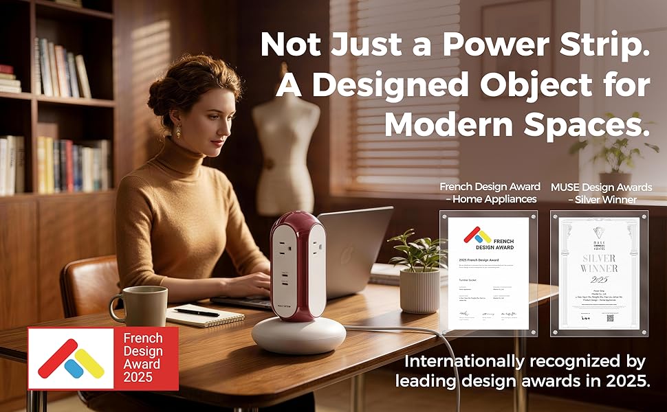 Award-winning tower power strip with modern design and reliable surge protection for home office.