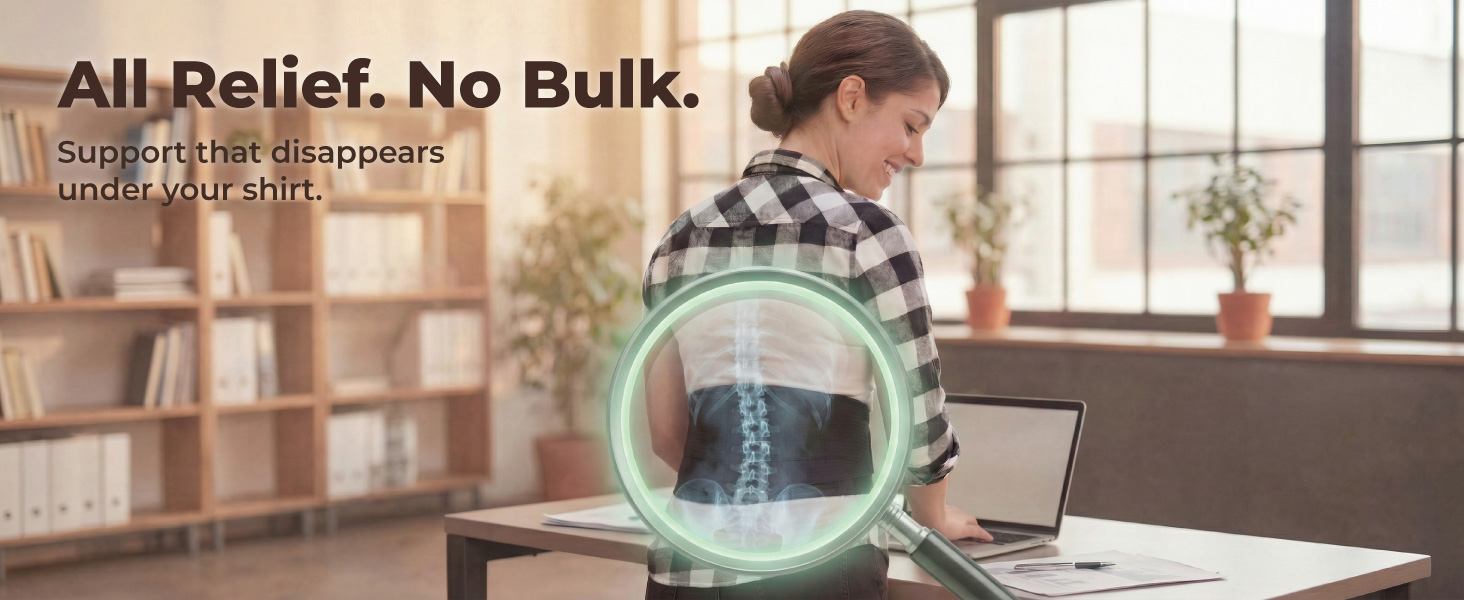 Woman working at a desk wearing a slim Sparthos back brace underneath her shirt for back pain relief