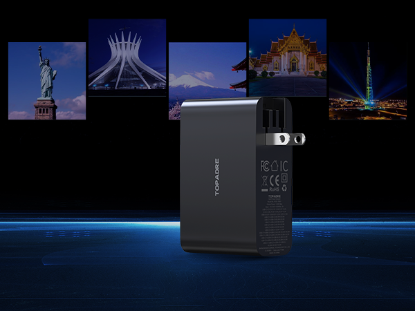 USB C Travel Charger 4-Ports Foldable Travel Adapter Plug Converter with UK/EU/AU Plugs