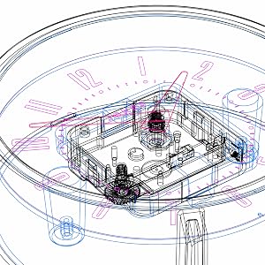 Technical blueprint or schematic drawing of a circular device, showing internal components and measurements in blue, pink, and black lines.