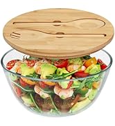 ShineMe Glass Salad Bowl, 4.7 Qt Large Mixing Bowl with Lid and Built in Utensils, Versatile Trif...