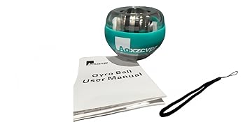 Teal and clear plastic spherical device with internal metal mechanism. Includes user manual and wrist strap. Likely a handheld exercise tool for wrist and forearm strengthening.