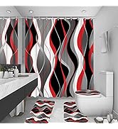 BEIFIVCL 4Pcs Red Shower Curtain Sets with Non-Slip Rugs, Toilet Lid Cover and Bath Mat, Black an...