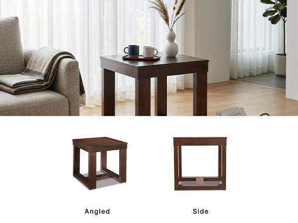 Living room display side table supporting home decor items on a 42-pound substantial frame