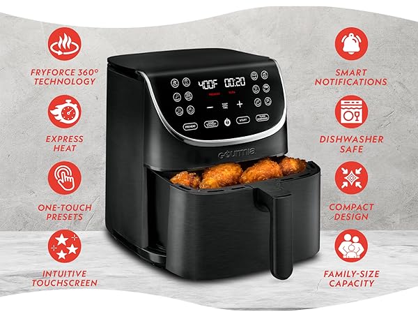 Sleek black and stainless steel 7-qt Gourmia air fryer oven with LED touchscreen / ergonomic handle