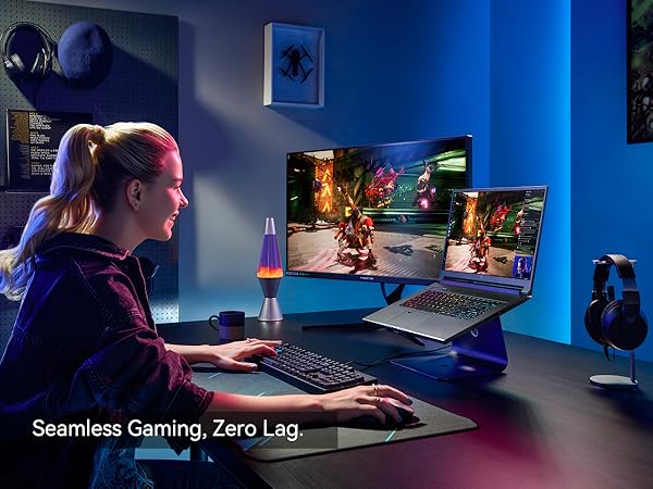 Text reads 'Seamless Gaming, Zero Lag'. Gaming setup with multiple monitors in dark room with blue ambient lighting.