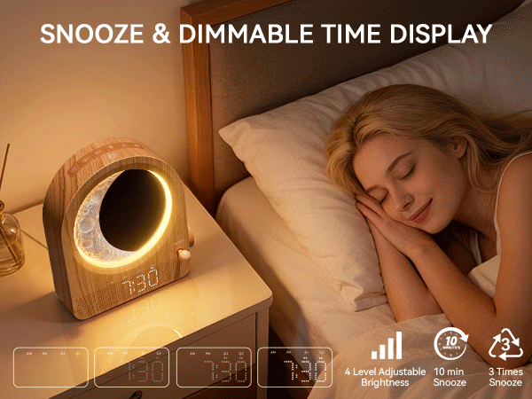 Text reads 'SNOOZE &amp; DIMMABLE TIME DISPLAY'. Warm-toned images showing bedside alarm clock with ambient lighting features.