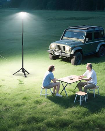 Text reads 'Strong Magnetic Attraction' and 'Super Brightness of 5000 Lumens'. Multiple nighttime outdoor scenes showing bright portable lighting.