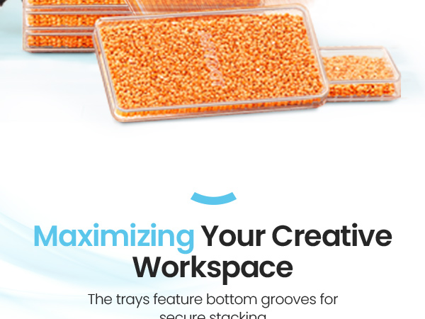 Clear plastic trays filled with small orange beads or pellets. The trays have different sizes and appear stackable. Text below mentions workspace organization and secure stacking features.