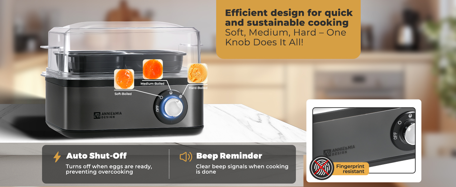 Auto shutoff. Beep reminder. Fingerprint resistant. Soft, Medium, Hard boiled eggs with 1 knob.