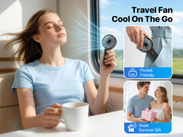 Text reads "Travel Fan", "Cool On The Go", "Packed", "Friendly", "Quiet", "Summer Gift". Woman holding small handheld fan with product demonstration photos showing portable fan usage in multiple scenarios.
