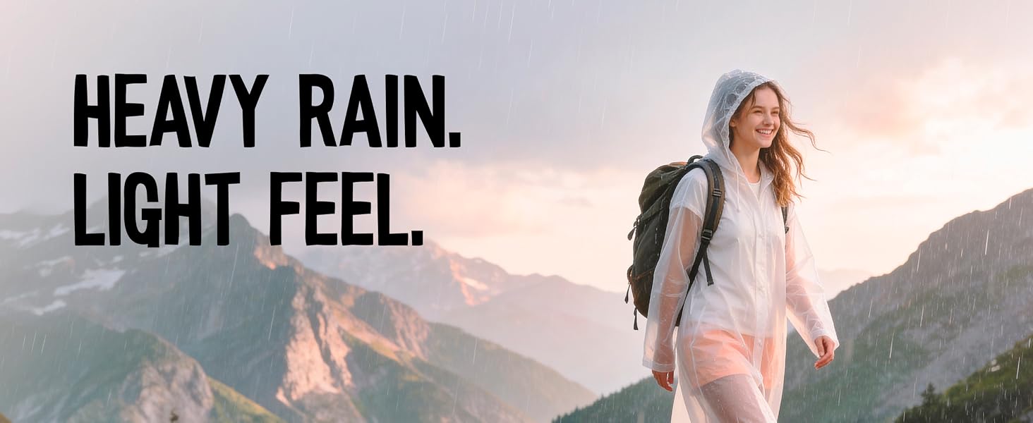 Text reads "HEAVY RAIN. LIGHT FEEL.". Woman wearing light-colored rain jacket standing in mountainous landscape with water droplets visible, demonstrating waterproof outerwear performance.