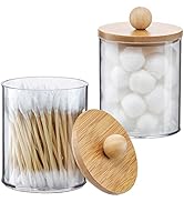 2 Pack Qtip Holder Dispenser with Bamboo Lids - 10 oz Clear Plastic Apothecary Jar Containers for...