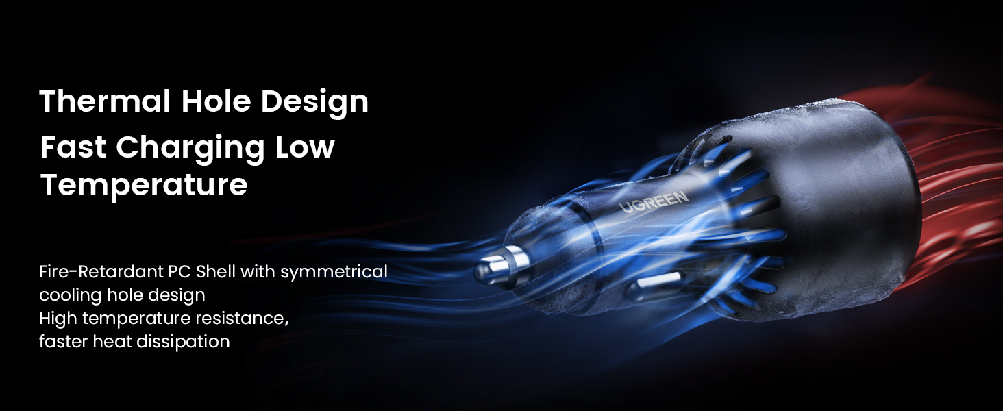 Thermal-hole charger for fast, cool charging with fire-retardant shell