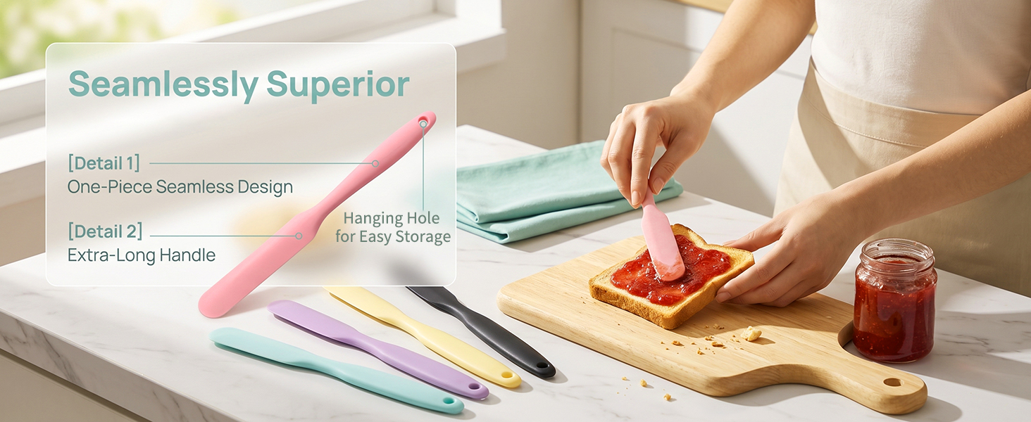 Headaze silicone spatula set, person spreading strawberry jam on toast, one-piece seamless design