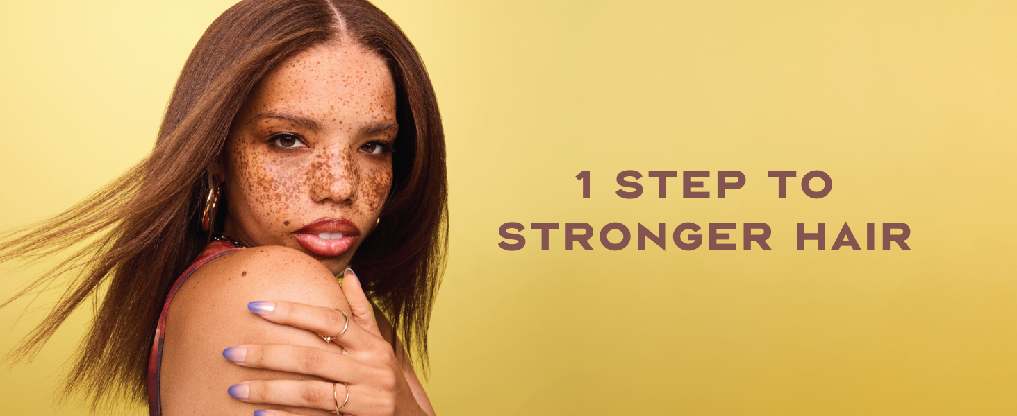 Image of a young woman with straight hair next to text: 1 step to stronger hair.