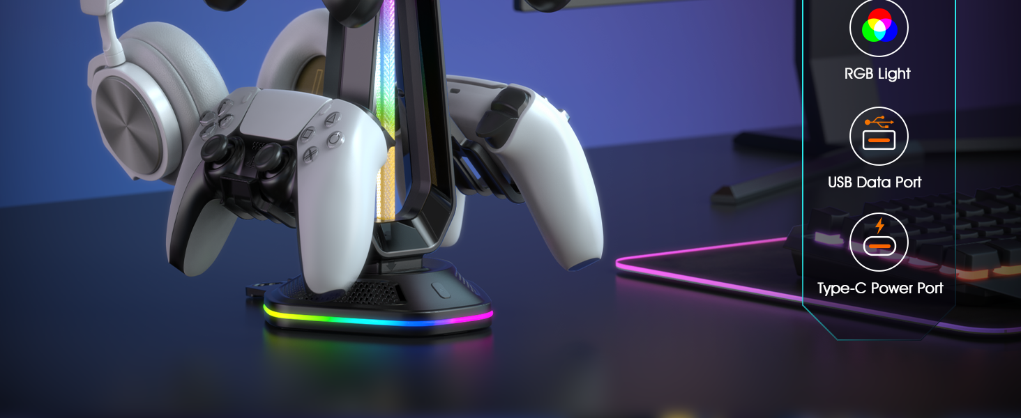 RGB Gaming Headphones Stand with 12 Light Modes, Controller Holder with 2 USB Charging Ports