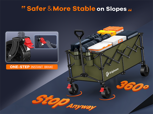Two front wheels brake keeps the collapsible wagon safe and stable on the slope
