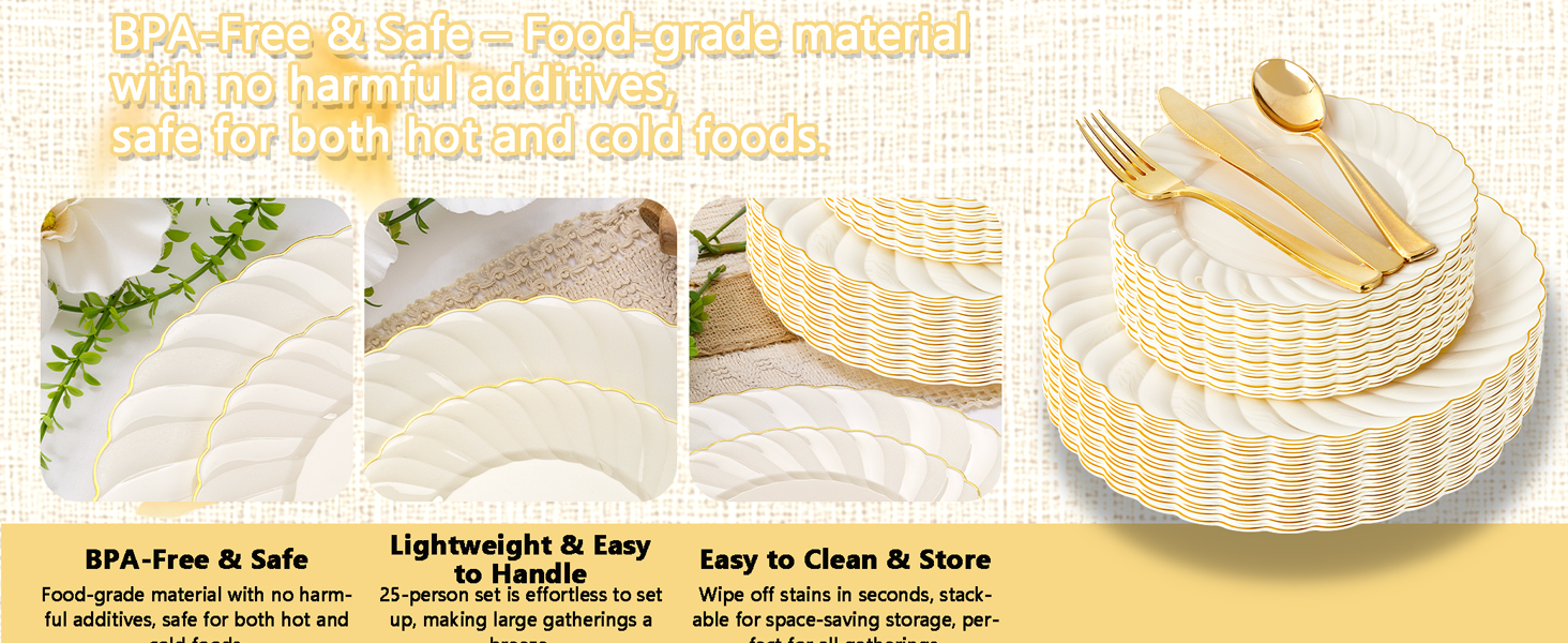 125PCS Ivory Scalloped Plastic Plates