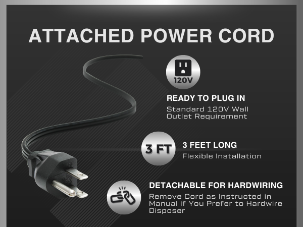 pre installed power cord 3 ft 120v detachable ready to plug in convenient installation