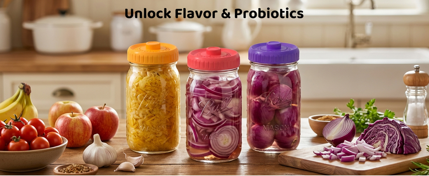 Craft homemade probiotic sauerkraut and pickles with color-coded silicone fermentation airlocks.