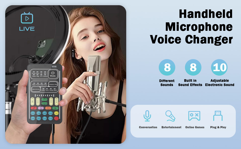 Text reads 'Handheld Microphone' and 'Voice Changer'. Product demonstration images showing portable microphone device with numbers '8 8 10' indicating features.