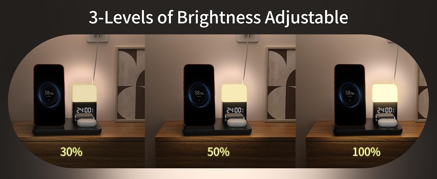 Wireless Charger for iPhone, 6in1 Fast Phone Charger Stand Dock Alarm Clock Night Light