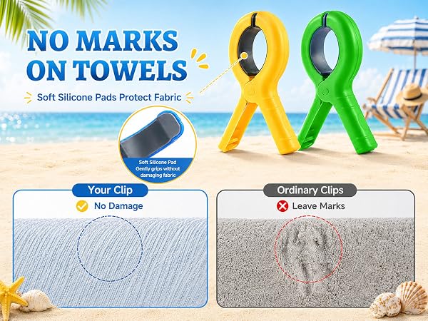 Soft silicone beach towel clips protect towels and leave no marks