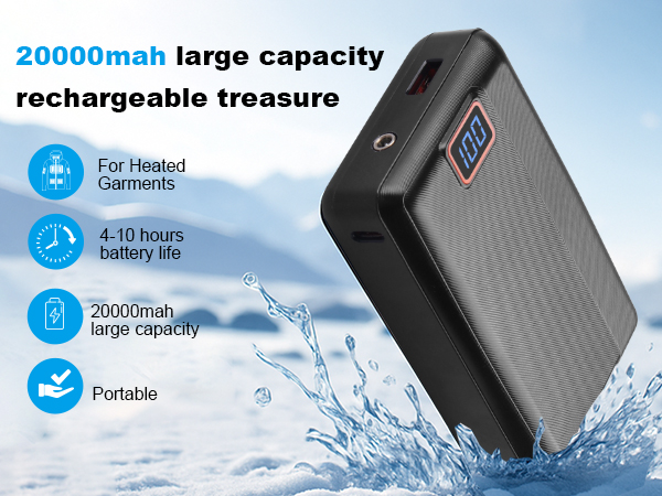 Text reads '20000mah large capacity', 'rechargeable treasure', 'For Heated Garments', '4-10 hours battery life', 'Portable'. Water-resistant power bank shown with splash effects and technical specifications.