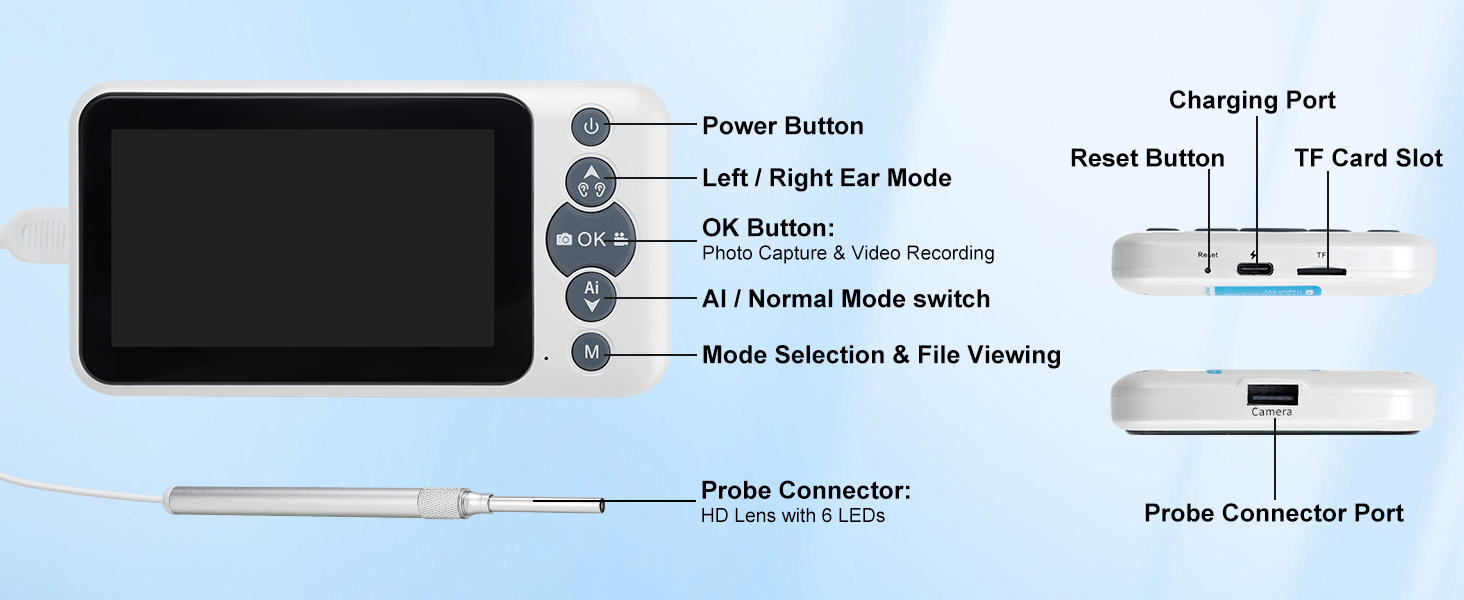 Handheld earscope buttons for photo, video, file viewing and AI mode switch.