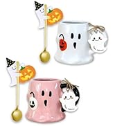 Domini 14.78 oz Halloween Ghost face Pumpkin Coffee Mug(set of 2) - Cute Ceramic Cup with spoons,...