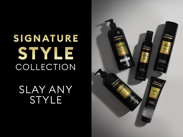 Text on a black backdrop next to TRESemmé black bottles with green labels on a sleek white surface.