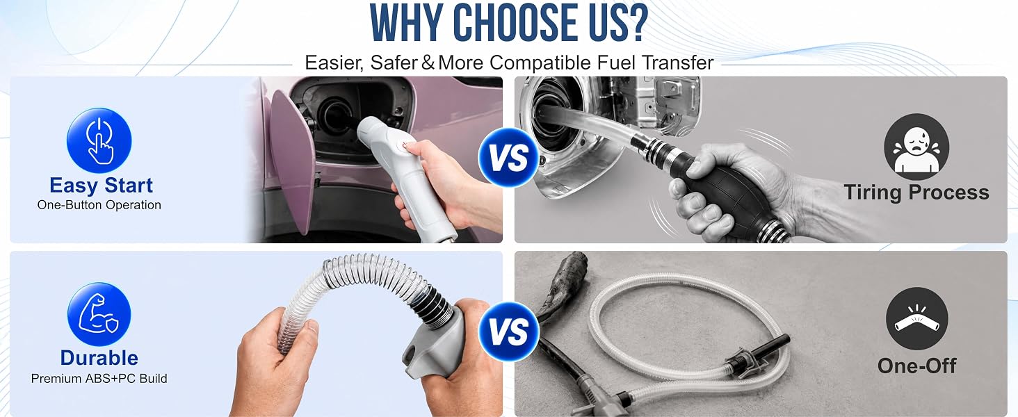 AUVEBY one-button fuel transfer pump with durable hose compared to manual siphon pumps