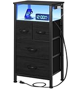 Furnulem Tall Night Stand with Charging Station and Led Light, Small Dresser with Open Shelf and ...