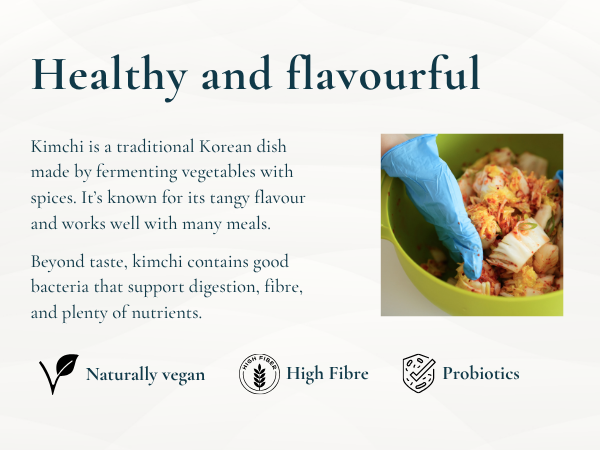 Text reads 'Healthy and flavourful' with icons for 'Naturally vegan', 'High Fiber', 'Probiotics'. Food dish shown in green bowl.